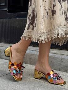 Women's Shiny Gold Sequin Cluster Floral Decor Block Heel 5cm Block Heel Sandals, Summer European And American Style Party Evening Gold Glitter Rhinestone Square Thick Heel Slides - Gold - View 5