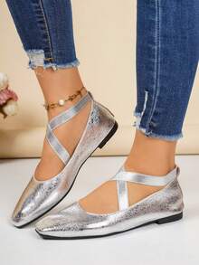 Women's Champagne Gold Metallic Pointed Toe Ballet Shoes With Criss-Cross Strap Mary Jane Slip-On Shoes, Commute & Date Wear, Non-Slip Soft Bottom Low Heel 1.3cm - Silver - View 3