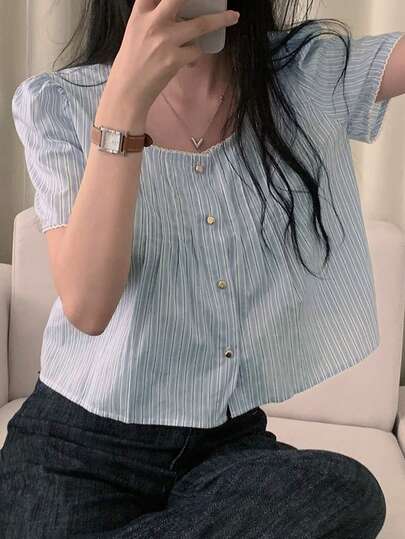 Striped Square Collar Short Sleeve Blouse For Women