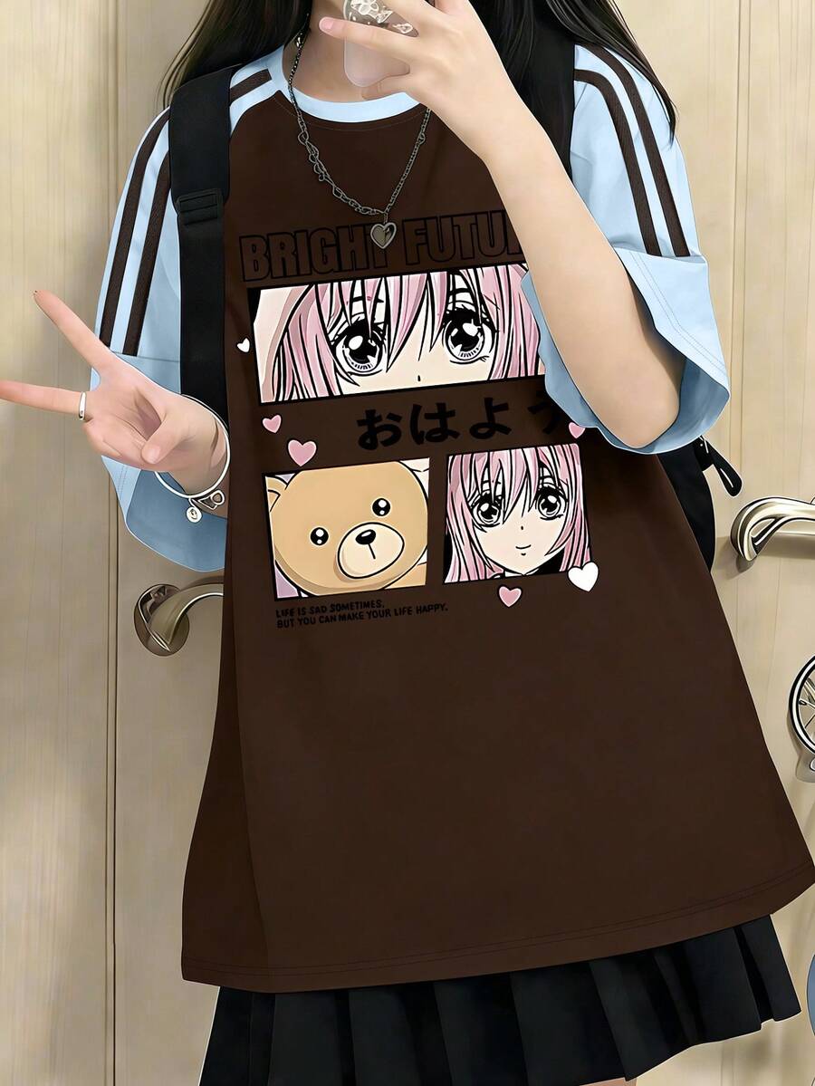 Teen Girls Short Sleeve Tee Bright Future Anime Print Teddy Soft Comfy Everyday Wear - Brown - View 1