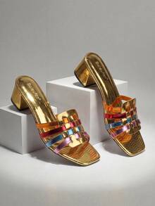 2026 New Women's Shiny Gold Summer Vacation Beach Outfit, Colorful Transparent Strap Patchwork Block Heel Shoes, 5cm Chunky Heel Casual Rhinestone Sandals - Gold - View 2