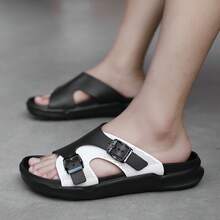 Men's Casual Slippers, Buckle Design Beach Sandals, Versatile Non-Slip Fashion Slides, Suitable For All Seasons - Black and White - View 6