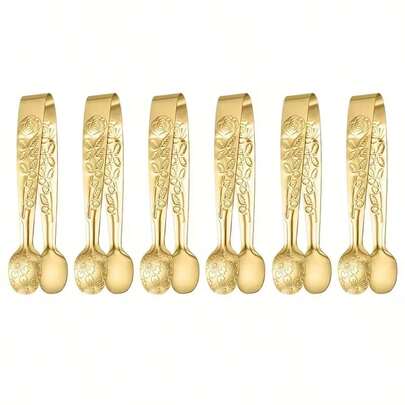 3/6pcs Luxury Gold Mini Clips, Stainless Steel Mini Fruit Clips, Reusable Mini Party, Wedding And Kitchen Dining Clips, Coffee Ice Cube Clips, Dessert Clips, Cooking Tools, Rose Print, Easy To Clean, Suitable For Ice Cubes/Candies/Desserts/Snacks/Appetizers/Sweets/Cheese/Charcuterie Boards, Ideal For Home, Kitchen, Restaurant, Afternoon Tea, Party, Wedding, Gathering, Valentine's Day, Kitchen Gadgets