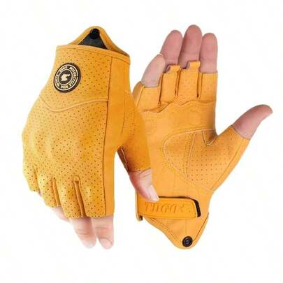 Classic Vintage Perforated Leather Motorcycle Gloves Half Finger Protective Motorcycle Off-Road Racing Gloves Fingerless Summer Yellow