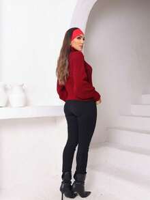Cropped Knit High Neck Cacharrel Puff Sleeve - Red - View 4