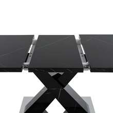 120cm - 160cm Modern Rectangular Dining Table, Extendable, Black Printed Marble Top + MDF X-Shaped Table Legs With Metal Base - Black - View 7
