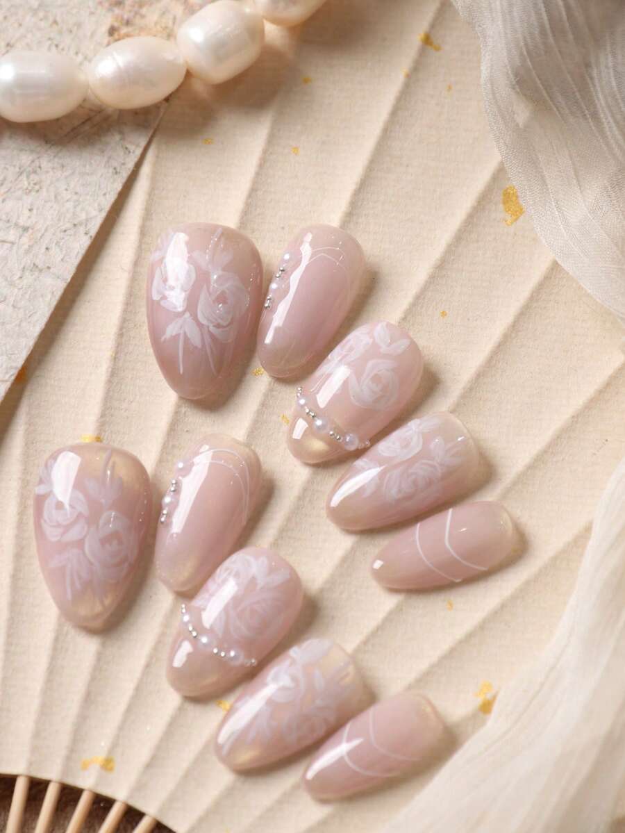 10pcs Acrylic Press On Nails Pink Nails Cat's Eye Rose French Style Golden Nails Press On Nail Supplies Fake Nails Short Office DailyWear False Nails Artificial Nails Kit Includes 1sheet Adhesive Tabs &1 Pc Mini File - Multicolor - View 1