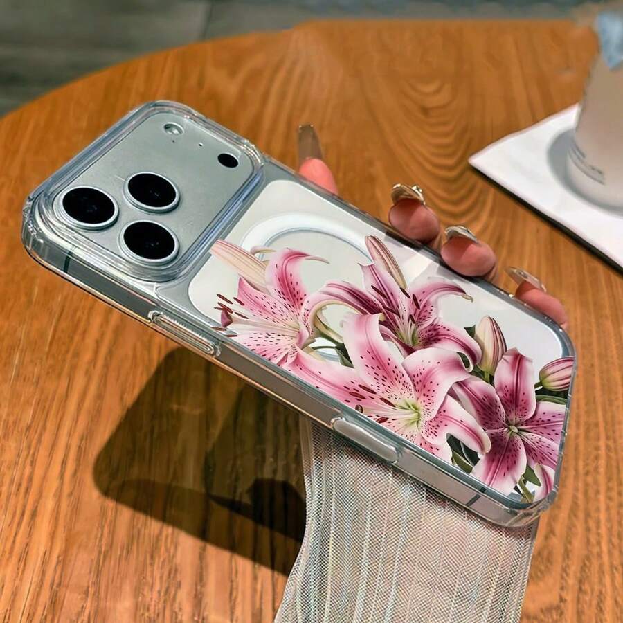 1pc Soft Edge Transparent Magnetic Lily Flower Phone Case, Anti-Oxidation, Compatible With Apple 7, 8, XR, 11, 12 Pro, 13 Mini, 14 Plus, 15, 16, 17 Pro Max And Galaxy A05S, A15, A16, A25, A26, A36, A54, A56, S21 FE, S22 Plus, S23 Ultra, S24, S25 Plus, S26 Ultra - Clear - View 1
