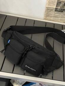 1pc Men's Nylon Waist Bag, Casual Fashion Solid Color Letter Design, Adjustable Strap, Suitable For Sports, Fitness, Commuting, Great As Christmas Gift For Husband, Cycling Bag, Crossbody Bag, Fanny Pack, Holiday Storage Bag, Large Capacity Outdoor Portable Chest Bag - Black - View 4