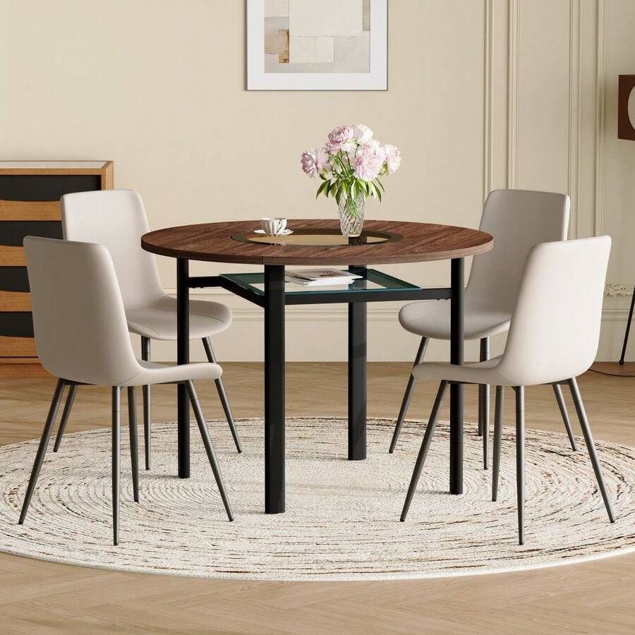 Dining Table & Chair Sets - Brown+Black + Warm Grey + Glass+Metal + PU Leather + Seats 4 - View 1