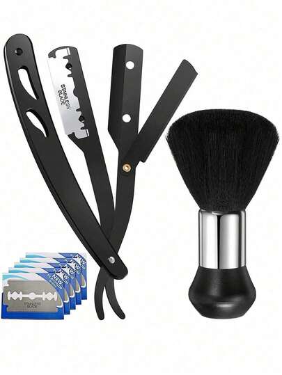 7 قطع طقم حلاقة رجالي احترافي، يشمل فرشاة تنظيف الرقبة و5 شفرات حافة مزدوجة، مناسب لصالون الحلاقة