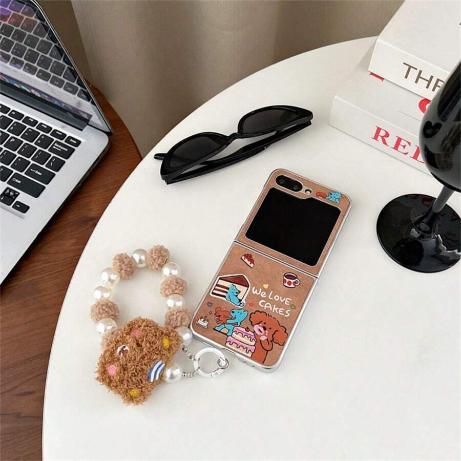 Cute Pet Cake Folding Leather Phone Case With Lanyard, Suitable For Samsung Galaxy Z Flip3 5G/Galaxy Z Flip 4 5G/Galaxy Z Flip 5 5G/Galaxy Z Flip 6 5G/Galaxy Z Flip 7 5G, Soft Cartoon Folding Screen Protective Cover - Multicolor - View 1