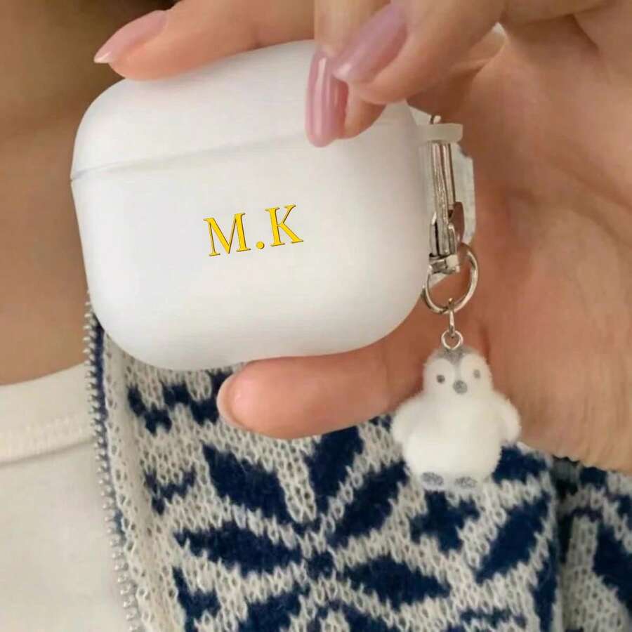 Customized (2 Pieces Set, Including Penguin Lanyard) Minimalist Transparent Japanese-Style Creative Earphone Case, Cute Plush Penguin Lanyard Earphone Case, Compatible With Air Case Pods1/2 And Pods Pro 3, Customized Letter Name, Valentine's Day Gift, Good Birthday Gift, Holiday Gift, Gift For Her - White - View 1