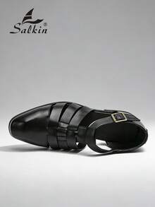 Salkin 新款复古罗马风格男士凉鞋，镂空系带一脚蹬，舒适透气纯色鞋面，加大码男鞋，品牌品质实惠防滑橡胶厚底，适合中年、青年、学生、聚会、度假、夏季休闲散步，尺码偏大，请选择小一码 - 黑色 - 查看 8