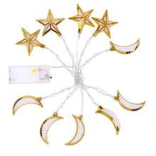 1串10颗LED灯珠，1.5米金色月亮星星LED灯串，节日活动派对装饰星光灯，电池供电室内房间装饰月亮星星灯，斋月装饰星光灯，卧室装饰月亮灯 - 五角星+月亮 - 查看 6