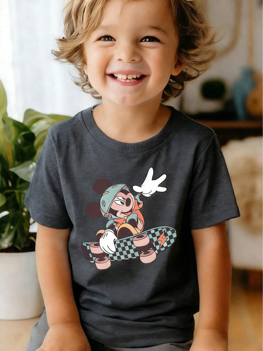 This Disney Mickey Mouse Skateboarding Graphic Crewneck T-Shirt Is Perfect For Boys And Girls To Wear To Holiday Parties, Family Gatherings, Outdoor Activities, Travel, And As A Gift For Children Visiting Disneyland. - Dark Grey - View 1