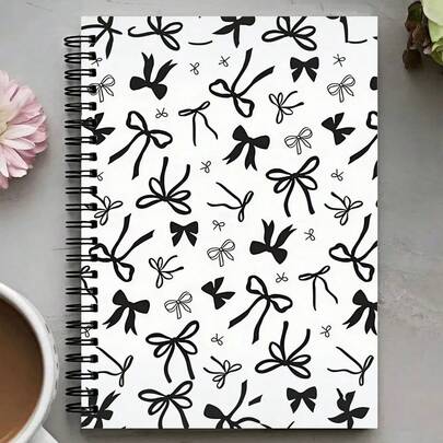 Sổ tay lò xo thắt nơ đen trắng trang nhã | Kích thước A5, thiết kế nơ đen, gáy phẳng, giấy viết trơn, kẻ ô, giấy chất lượng cao, nhỏ gọn và dễ mang theo, phù hợp cho trường học, văn phòng, nhật ký, lập kế hoạch - Món quà hoàn hảo dành cho phụ nữ