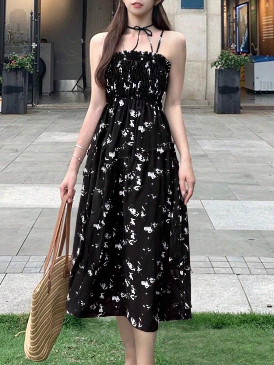 女士碎花吊带裙,度假风,黑色,夏季优雅款 - 黑色 - 查看 1