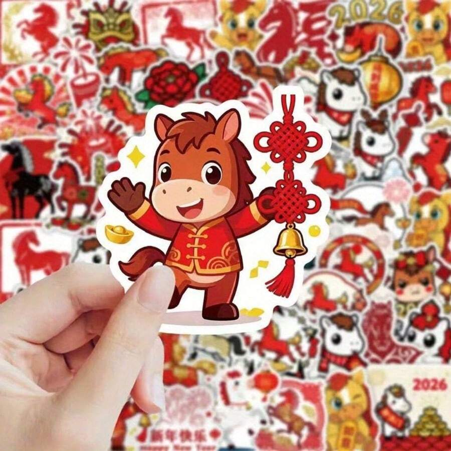 61张2026新年卡通马贴纸，新年礼物奖励贴纸，新年计划贴纸，笔记本电脑、平板电脑装饰贴纸，新年快乐贴纸 - 彩色 - 查看 1