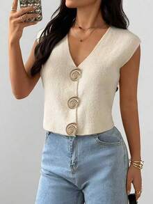 Fashionable High-End 3D Button V-Neck Cardigan Vest Summer - Apricot - View 2
