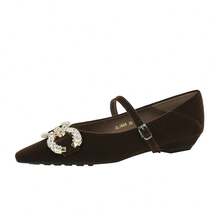 Giày nữ đế xuồng quai cài kiểu cổ điển, giày slip-on mũi nhọn đính đá và khóa cài. - Màu nâu - Xem 2