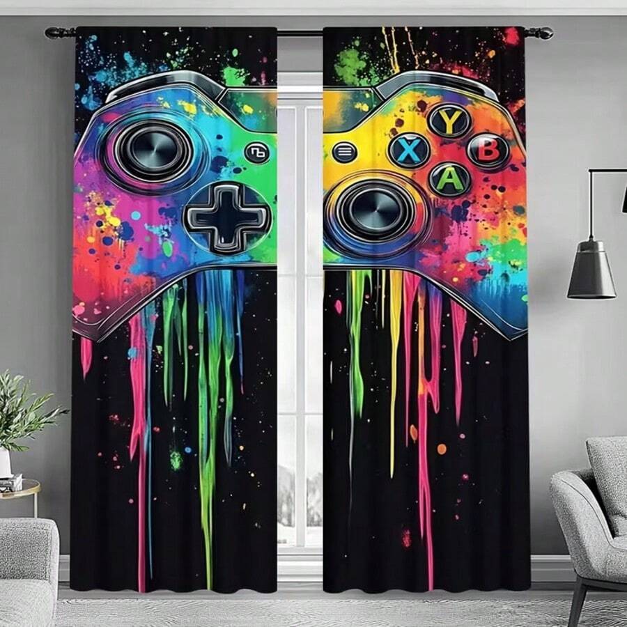 2 pezzi Tende colorate con stampa di arte di giochi - 100% fibra di poliestere lavabile in lavatrice, con motivi di controller di gioco colorati e effetti di spruzzi, decorazione per soggiorno e camera da letto in tutte le stagioni, stile moderno per casa con occhielli, tessuto, adatto per la privacy, 160 g/m² - Multicolore - 2 pezzi - Visualizzare 1