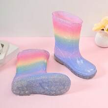 Kids Glitter Rainbow Mid-Calf Boots, Cute Fashion Rain Boots For Playdates & Outings - Baby Pink - View 19
