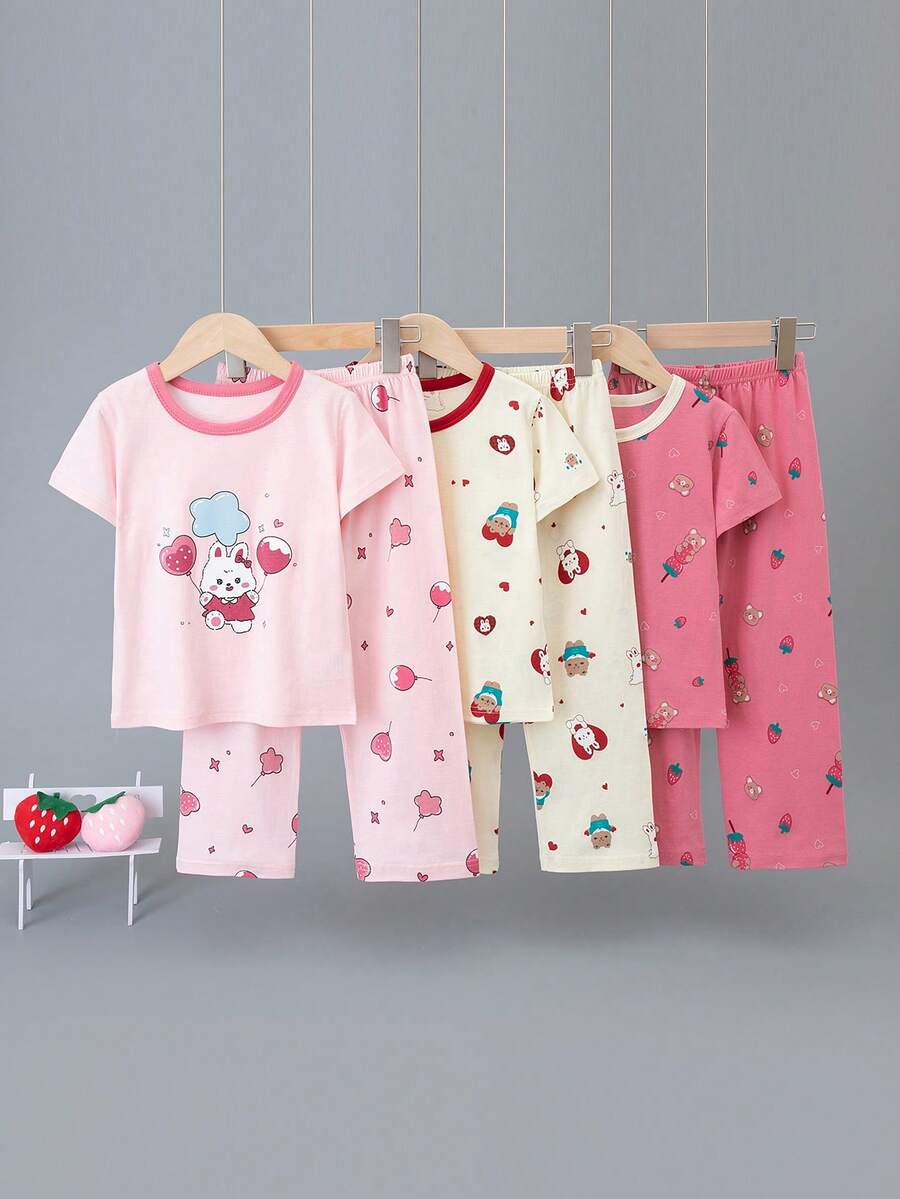 6件套女童轻薄卡通兔子印花可爱短袖长裤睡衣套装，休闲家居服，全身印花，春夏款 - 彩色 - 查看 1