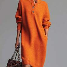 Women's Sweater Dress - Elegant Classic Women's Wear, Exquisite Knitwear With Buttons, High Neck, Pockets, Long Sleeves. Autumn/Winter Fashion, Winter, Casual Elegant Chic Midi Dress - 橘色 - 查看 2