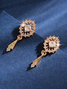 1 par de Brincos de Joia com Desenho de Flor em Estilo Coreano Elegante para Meninas/Adolescentes, Zircônia Cúbica, Presente de Amizade para Uso Diário e Festivais - Amarelo - Visão 6