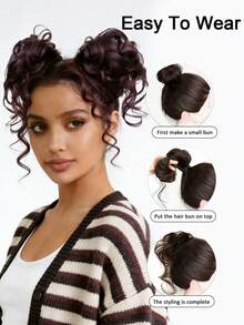 2pcs Synthetic Fiber Fluffy Bun Scrunchies, Braided Elastic Hair Accessories, Synthetic Curly Ponytail For Women - Dark Brown - View 4