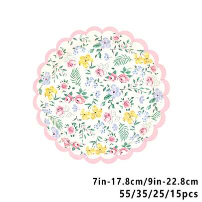 55/35/25/15pcs 7/9 Inch Disposable Floral Themed Paper Plates, Leak-Proof & Thickened, Easy Clean-Up For Parties, Camping, Picnics, Graduation, Birthday, Festivals