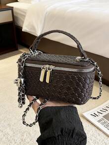 1个迷你PU仿编织时尚链条肩带手提包/斜挎包 - 咖啡棕 - 查看 1