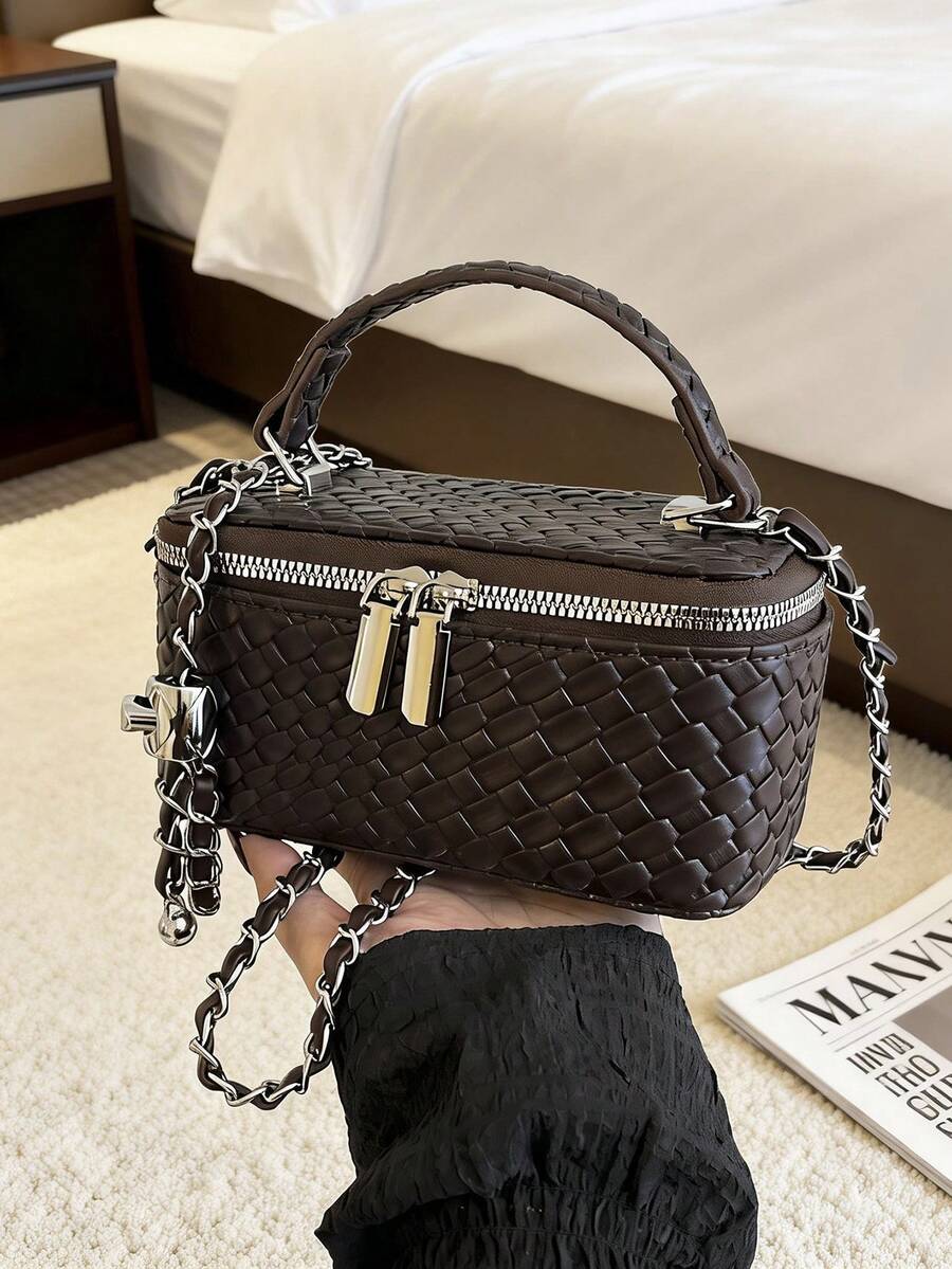 1个迷你PU仿编织时尚链条肩带手提包/斜挎包 - 咖啡棕 - 查看 1