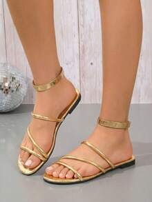 女士金色平底凉鞋，鳄鱼纹压花一脚蹬拖鞋，休闲露趾夏季海滩度假必备单品 - 金色 - 查看 6