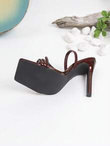 1 Pair Solid Color PU Leather High Heel Sandals, Square Toe Stilettos Stilettos For Women, Summer - Burgundy - View 6