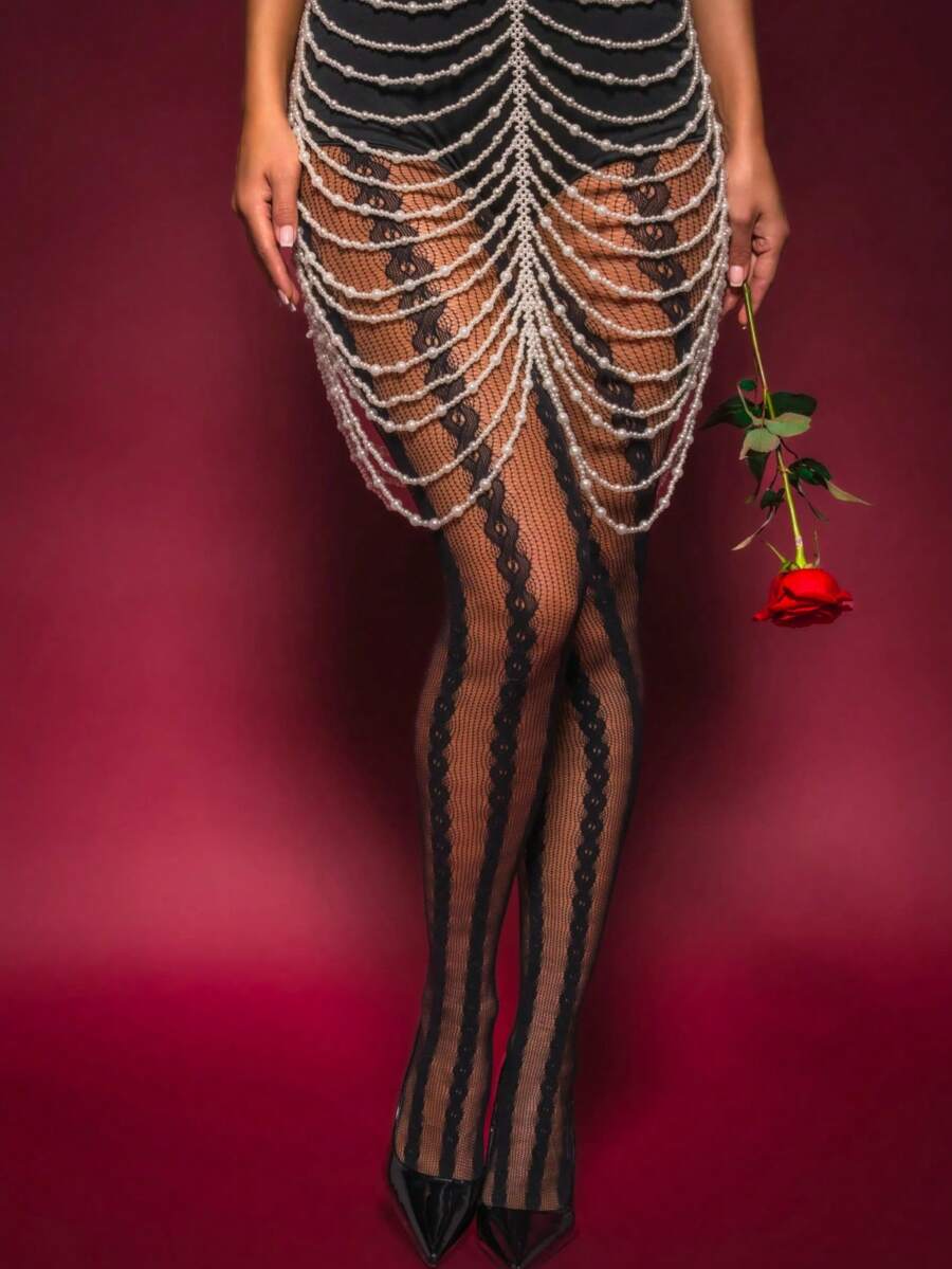 1 Pair Women's Fishnet Jacquard Tights, Sexy & Elegant Braided Fishnet Leggings, Suitable For Various Outfits - Black - View 1