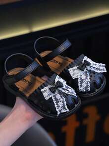 Cute Rhinestone Bow Open Toe Girls Sandals, Breathable Beach Holiday Shoes - Black - View 6