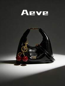 夏季黑色优雅时尚女士新款纯色小丑PU防水手提包，字母图案装饰，拉链封口，方形托特包，酒红色手提包，红色樱桃吊坠装饰，可调节肩带，适合购物、约会、派对、正式场合、度假等场合。 - 黑色 - 查看 4