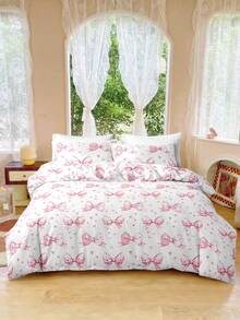 三件套可爱蝴蝶结图案被套,柔软透气的超细纤维面料,四季皆宜,可机洗,不易褪色、起球或缩水,简约清新风格,适用于卧室,适合双人床/大号床/单人床,居家/宿舍/酒店/礼品皆可。 - 彩色 - 查看 2