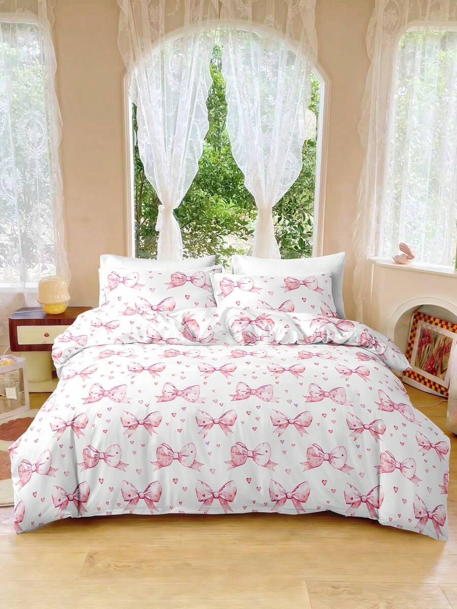 三件套可爱蝴蝶结图案被套，柔软透气的超细纤维面料，四季皆宜，可机洗，不易褪色、起球或缩水，简约清新风格，适用于卧室，适合双人床/大号床/单人床，居家/宿舍/酒店/礼品皆可。