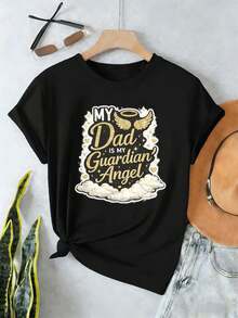 "My Dad Guardian Angel" Graphic Tee Made Of Quality Fabric, Comfortable Fit, Casual, Eye-Catching Print - Black - View 2