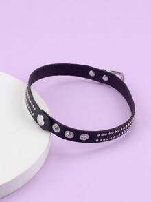 1pc Punk Style Sexy PU Leather Adjustable Heart Pendant Choker Necklace, Suitable For Daily Wear Y2K Necklace - Black - View 5