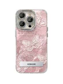 1pc Elegant Pink Butterfly Stand Tin Foil Texture Phone Case Compatible With IPhone 11/12/13/14/15/16/17 Pro Max - Pink - View 3