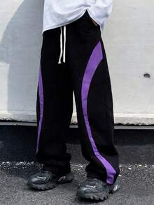Men's All-Season Quick-Dry Sports Pants With Purple Curved Panel And Drawstring Pockets, Comfortable Loose Fit, Suitable For Running, Fitness, Casual Daily Wear And Outdoor Activities - Black - View 3