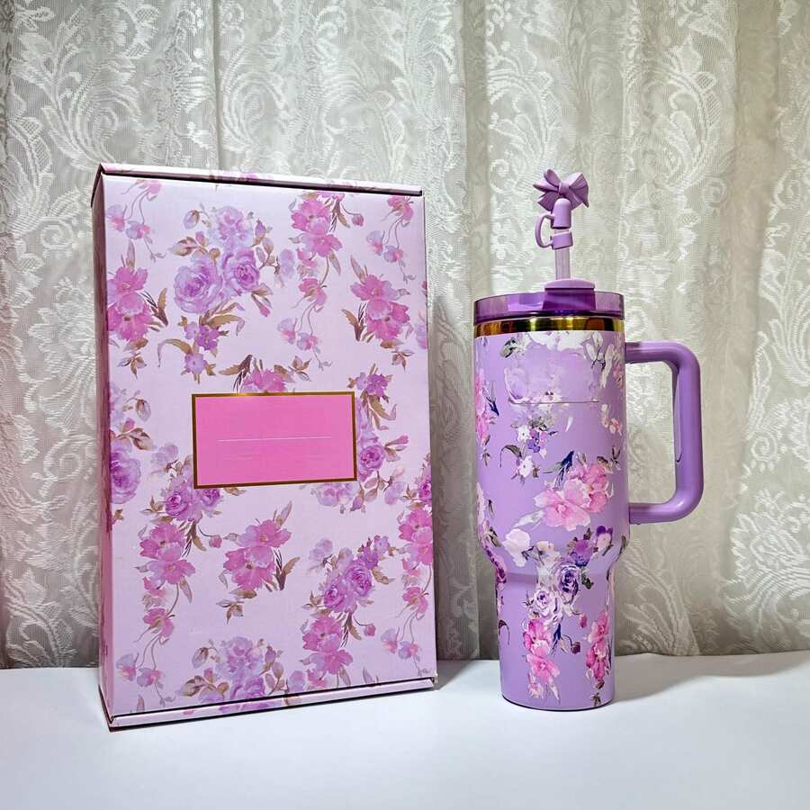 40 Oz H2.0 Stan Cup, 40oz StanllyCup Stainless Steel Vacuum Insulated Tumbler With Lid And Straw For Water, Iced Tea Or Coffee, Smoothie And More, 40oz Reusable Double Walled Vacuum Insulated Stainless Steel Water Bottle With Handle For Outdoor Activities, Camping - 繁花紫 - 查看 1