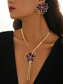 3pcs/Set Summer Fashion Bohemian Colorful Hollow Flower Necklace + Earrings Jewelry Set For Women, Suitable For Casual, Beach, Date, Party, Gift - Golden Purple - View 2