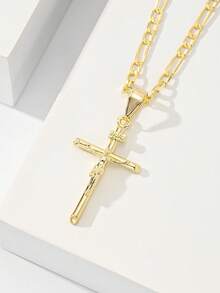 1pc Classic European Style Copper Jesus Cross Pendant Necklace, Limited Edition "Light Of Protection", Suitable As Gift For Christmas, Thanksgiving, Halloween, Mother's Day, Valentine's Day, Friends, Religious Believers, First Holy Communion, Daily Wear And Prayer - Yellow Gold - View 1
