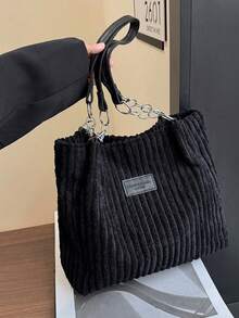 时尚条纹手提包 - 女士大容量单肩包 - 拉链托特包，日常使用 - 金属链条肩带托特包 - 黑色 - 查看 11