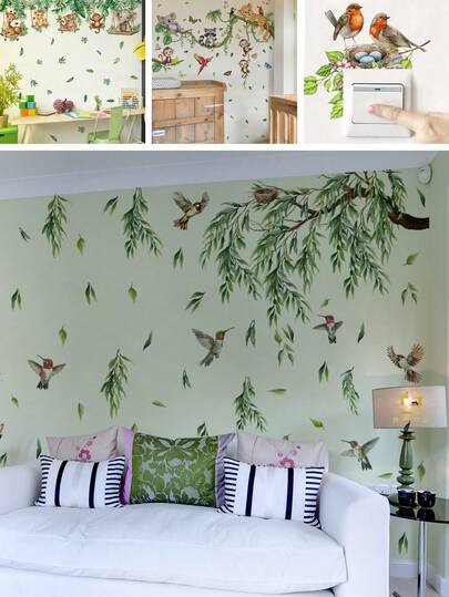 BRUP 1/2/3张/套 动物绿叶墙贴，可移除PVC材质，儿童房装饰，树枝树叶卧室墙贴，自粘春季墙贴